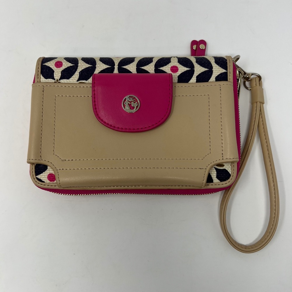 Spartina 449 Wristlet Wallet Phone Case Pink Tan Floral Linen Leather Zip